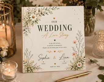 Personalized Botanical Wedding Guest Book, Bride & Groom Wishes and Advice Book, Custom Floral Wedding Keepsake with Names -Date