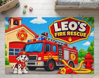Custom Fire Truck Kids Rug, Personalized Firefighter Name Play Mat for Nursery Room Decor
