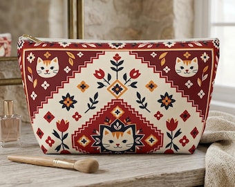 Folk Art Cat Cosmetic Bag, Terracotta Kilim Floral Makeup Pouch, Geometric Boho Zipper Toiletry Bag with Cat Motif