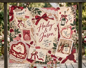 Burgundy Engagement Tapestry, Personalized Coquette Wall Hanging, Vintage Scrapbook Couple Decor with Custom Names