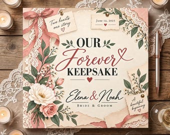 Personalized Wedding Scrapbook Guest Book, Vintage Floral Photo Memory Book, Custom Names & Date, Romantic Keepsake Album