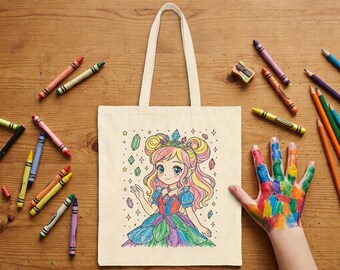 Princess Coloring Tote Bag for Kids, Crystal Princess Cotton Canvas Bag, Fairytale Coloring Activity, Royal Girl Gift, Fantasy Art Tote