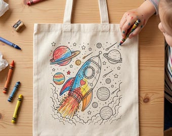 Space Rocket Coloring Tote Bag for Kids, Outer Space Cotton Canvas Bag, Astronaut Gift, Planet Coloring Activity, Space Birthday Gift