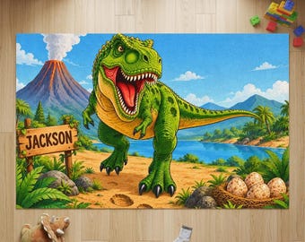 Personalized T-Rex Dinosaur Rug with Name, Prehistoric Volcano Kids Room Decor, Jurassic Adventure Playroom Rug, Dinosaur Lover Gift