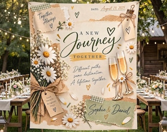 Daisy Scrapbook Engagement Tapestry, Personalized Sage Green Wall Hanging, Garden Champagne Collage with Names & Date