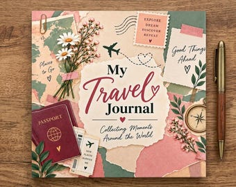 Floral Travel Scrapbook Journal, Passport Adventure Photo Album, Vintage Airmail Vacation Memory Book with Designed Pages