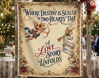 Personalized Vintage Engagement Wall Tapestry, Floral Cupid Ring Design, Custom Couple Names, Romantic Storybook Style Wedding Decor