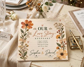 Vintage Wildflower Wedding Guest Book, Personalized Pressed Floral Keepsake, Rustic Botanical Sign In Book with Names