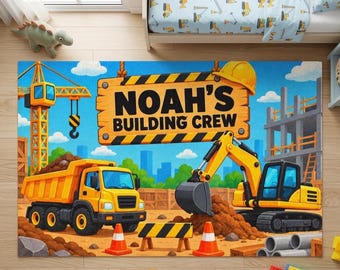 Personalized Construction Truck Rug with Name, Kids Heavy Equipment Room Decor, Little Builder Playroom Mat, Excavator & Dump Truck