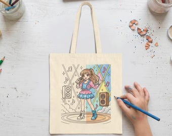 Pop Star Coloring Tote Bag for Kids, Singer Music Cotton Canvas Bag, Karaoke Activity Tote, Music Lover Gift, Concert Theme Kids Bag