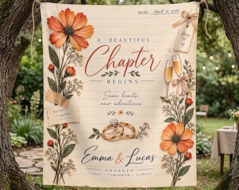 Orange Wildflower Engagement Tapestry, Personalized Botanical Couple Wall Hanging, Vintage Champagne Toast Decor with Names & Date