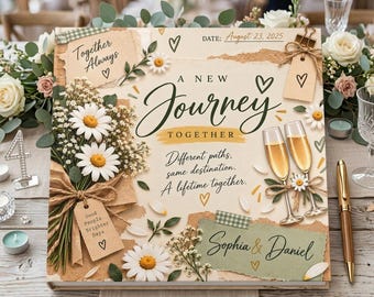 Daisy Scrapbook Wedding Guest Book, Personalized Sage Green Garden Keepsake, Rustic Floral Memory Book with Names & Date
