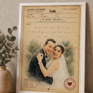 Secret Morse Code Wedding Portrait Poster, Personalized Newlywed Couple Gift, Romantic Anniversary Wall Art, Vintage Love Document Print