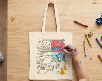 Personalized Police Car Coloring Tote Bag for Kids, Custom Name Police Patrol Canvas Bag, Junior Officer Gift, Cop Car Activity Tote