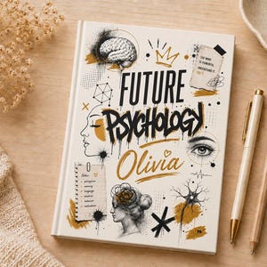 May include: A hardcover book titled Future Psychology with the name Olivia printed on the cover. The cover features black and gold illustrations including a brain, a human profile, an eye, a neuron, a crown, and a notepad with the text The mind is powerful. Understand it. Use it.