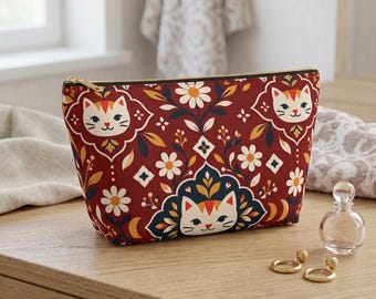 Scandinavian Folk Cat Makeup Bag, Red Daisy Floral Cosmetic Pouch, Nordic Style Zipper Bag with Whimsical Cat Motif