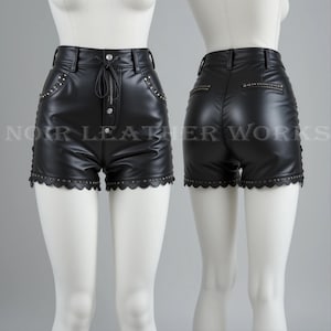 Womens New Arrival Top Quality Gothic Genuine Black Lambskin Leather Studded Shorts, Hip Hop Lace-up Biker Pants, Rocker Shorts Gift for her
