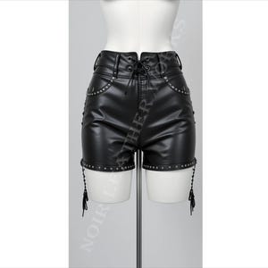 New Arrival Women&#39;s Premium Genuine Black Lambskin Leather Studded Shorts, Hip Hop Lace-up Biker Pants, Gothic Punk Rave Shorts Gift for her