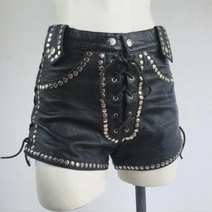 Women&#39;s Genuine Black Lambskin Leather Studded Shorts, Hip Hop Lace-up Biker Pants, Gothic Rocker Shorts, Womens Biker Shorts, Gift for Her
