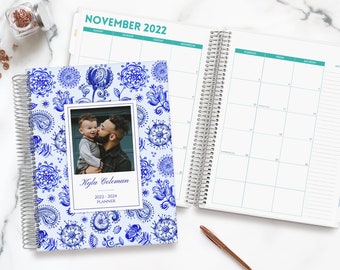 24-Month Custom Planner | Monthly Grid Planner | Monthly Calendar | Personalized Planning Gift | Mom Gift | Photo | Royal Blue Watercolor