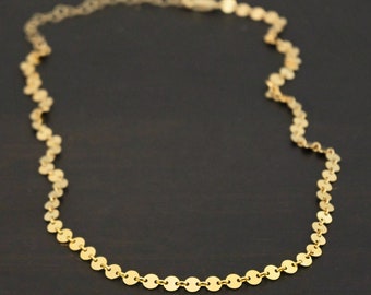 May include: A gold chain necklace with small, round, flat discs. The necklace is delicate and has a simple design.