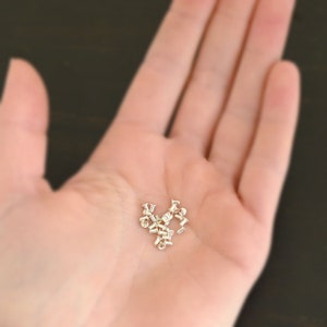May include: A close-up of a hand holding a pile of small, silver, metal eyelets.