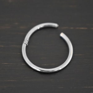 May include: A silver seamless ring for body piercing. The ring is made of surgical steel and has a hinged closure.