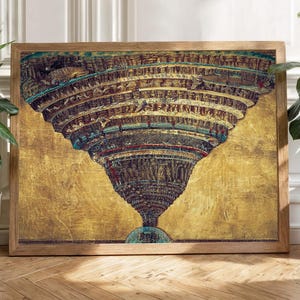 May include: A framed print depicting a detailed, layered illustration of a conical structure, possibly a depiction of hell. The artwork features a gold background and a wooden frame. The print is displayed on a wooden floor, with potted plants on either side.