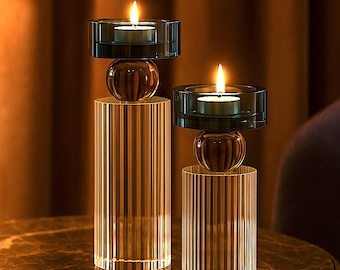 Amber Crystal Candle Holder, Handcrafted Art Glass, Luxury Decorative Candleholder
