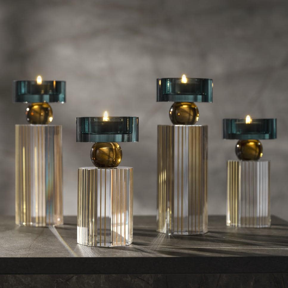 Bougeoir artisanal en cristal Art déco : accents de turquoise et d'ambre
