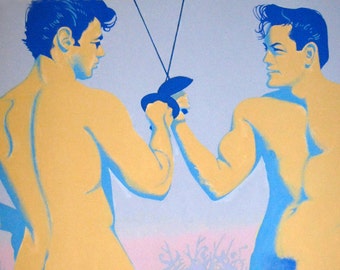 nude male sword fight painting from retro pinup magazine