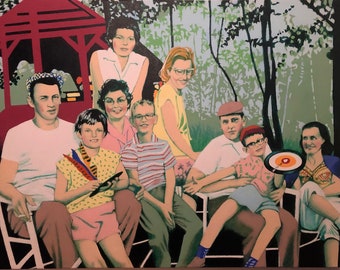 mijn familie schildert tijdens een picknick, jaren 60. 30 x 40