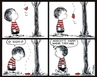 Dibujos de la tira cómica Peanuts de los años 50. 4 viñetas de Linus