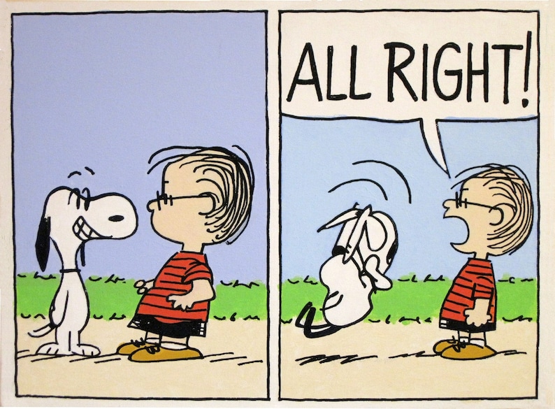 K&ouml;nnte beinhalten: Ein schwarz-wei&szlig;er Comic-Hund mit rotem Halsband schaut einen Jungen mit Brille an, der ein rot-wei&szlig; gestreiftes Hemd tr&auml;gt. Der Junge sagt "ALL RIGHT!" in einer Sprechblase.