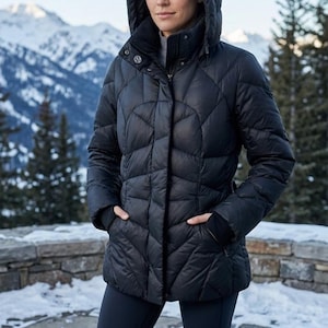 May include: A black quilted puffer jacket with a hood, a high collar, and a front zipper closure. The jacket features long sleeves with black cuffs, two side pockets, and a small circular logo on the upper chest area. It is worn over dark leggings.
