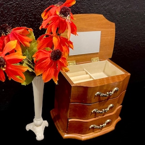Vintage Armoire Jewelry Box: Burl Wooden Finish, Mirror Lift Top, Rings Rolls, Multi Compartments (7”H-7.5”W-5”D)