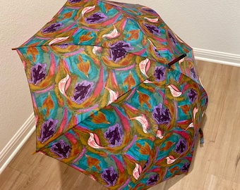 Ombrello vintage Perry Ellis: uccelli astratti, manico in legno