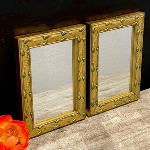 Vintage Florentine Gilded Wood Wall Mirror Set: Carved Vine Floral Design, Bronze-Green Highlights (7”H-5.5”W-0.5”D)