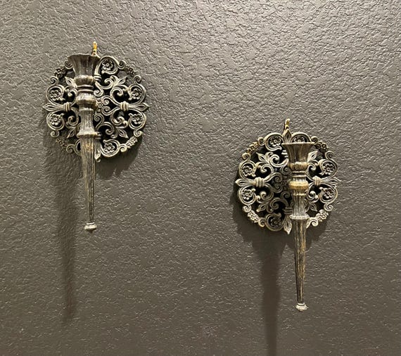 Vintage Homco Co. Gothic Candle Wall Sconces: Pair Black Distressed Candle Holders Decor (10”"-6")