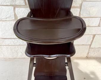 Vintage Solid Wood Child High Chair: High Backrest with Curved Top, Built in Footrest, Adjustable Slide-On Tray (40”-21”-20.5”D)