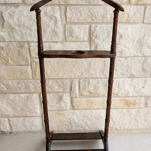 Vintage Wooden Men's Valet Stand: Gentleman's Suit Organizer Butler Rack, Mid Century Dressboy with Accessory Coin Tray and Shoe Rack 46”H