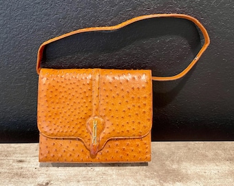 Vintage Genuine Ostrich Leather Flap Purse: Made by Cape Cobra Co, Camel Tone, Adjustable Strap Shoulder or HandBag (11.5”L-9.5”H-3”W)