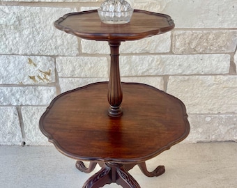 Pre-Antique Mahogany 2 Tier Dumbwaiter Dessert Table: Made by Imperial Grand Rapids Co, Claw Foot, Pie Crust Edged Lamp Table (30”H-19”W)