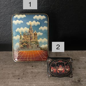Vintage Rare High Quality Arts Signed Crafted Hand-Painted Lacquer Boxes/Medium Fedoskino St.Basil's Cathedral/Small Palekh Princess Wedding