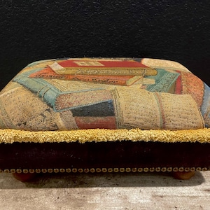 Vintage Manderley Co Tapestry Upholstered Ottoman: Decorative Book Pattern, Yellow Braided Trim, Footstool (17”L-12”W-8”H)