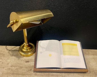 Vintage Superb Art Deco Bankers Gold Brass Desk Lamp: Adjustable Lighting (15.5"H-9.5”W-6”Base)