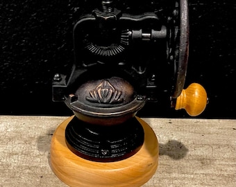 Vintage Wheel Crank Coffee Grinder: Wrought Iron, Wooden Base, Ceramic Mechanism, Kitchen Decor (8.5”H)