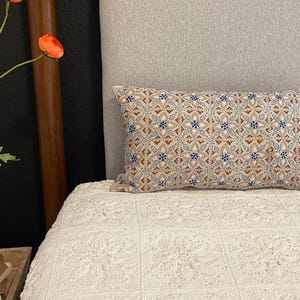 Vintage Megan Park Pillow Cover, Hand Embroidered Floral Geometric Design, Front &quot;Brown Cream Tones&quot;, Back: Cream Silk (19-11”)
