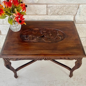 Cherub Carved Wood Coffee Table: Antique Victorian-Renaissance Revival Style Side Table (18.5”H-25”W-17”D)