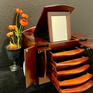 Solid Mele Co MCM Scandinavian Design 5-Drawer Walnut Finished Jewelry Box: Mirrored Lid, Pull out 16 Hooks Side Doors (18”-14”-12”)